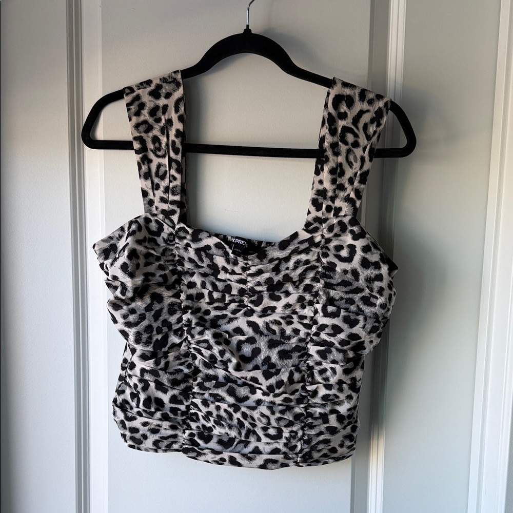 Express Ruched Leopard Print Tank Top - Black & White